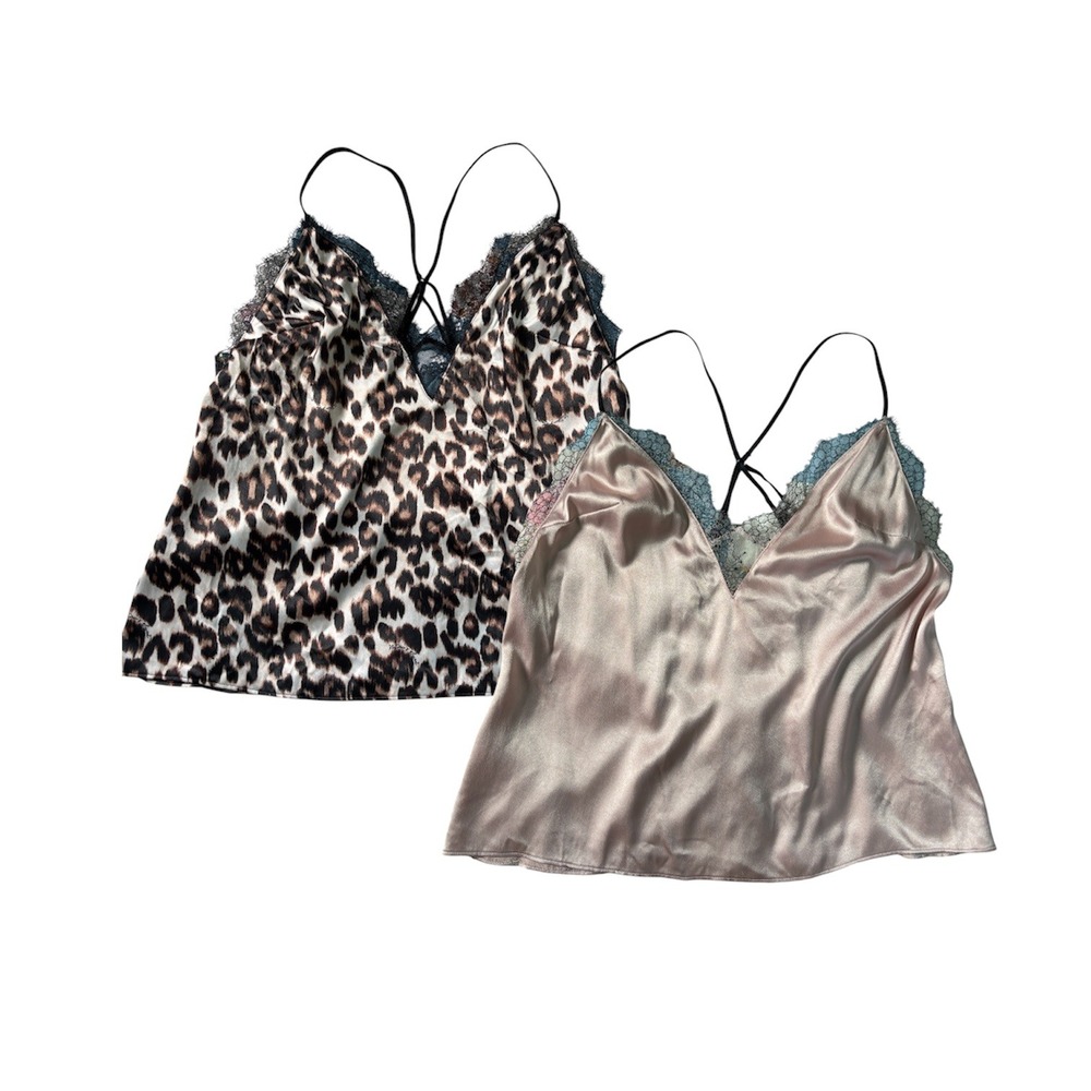 Victoria's Secret Leopard Pink Satin Lace Cami Top Bundle Set Womens Large